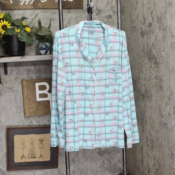 NEW Cuddl Duds Womens Printed Notched-Collar Pajamas Shirt Top Blue Plaid XL - Picture 1 of 7